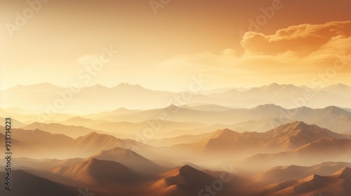 A panoramic view of a vast mountain range bathed in the golden hues of sunset, with the fog creating a mesmerizing interplay of light and shadow.