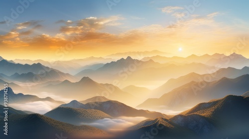 A panoramic view of a vast mountain range bathed in the golden hues of sunset, with the fog creating a mesmerizing interplay of light and shadow.