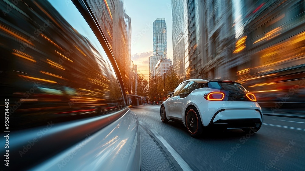 Electric Car Driving Through City Streets at Dusk Electric Car Driving Through City Streets at Dusk