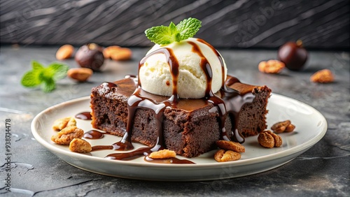 Homemade brownie with scoop of vanilla ice cream, chocolate sauce and nuts on gray background, brownie