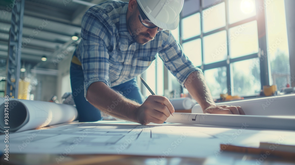 Architect drawing blueprints in a sunlit industrial workshop Architect drawing blueprints in a sunlit industrial workshop