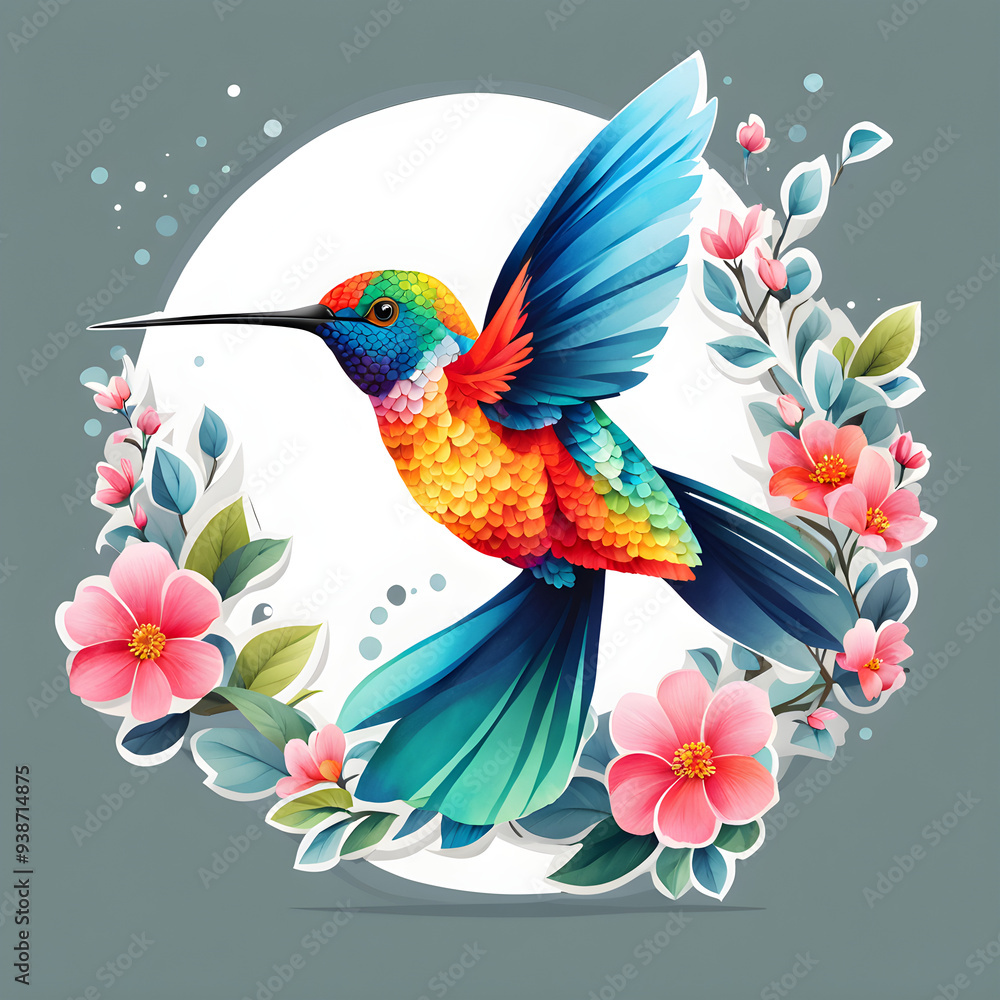 A colorful illustration of a hummingbird in flight, surrounded by blooming flowers. The bird displays an array of vibrant colors and full motion. Perfect for nature lovers. Generated AI A colorful illustration of a hummingbird in flight, surrounded by blooming flowers. The bird displays an array of vibrant colors and full motion. Perfect for nature lovers. Generated AI