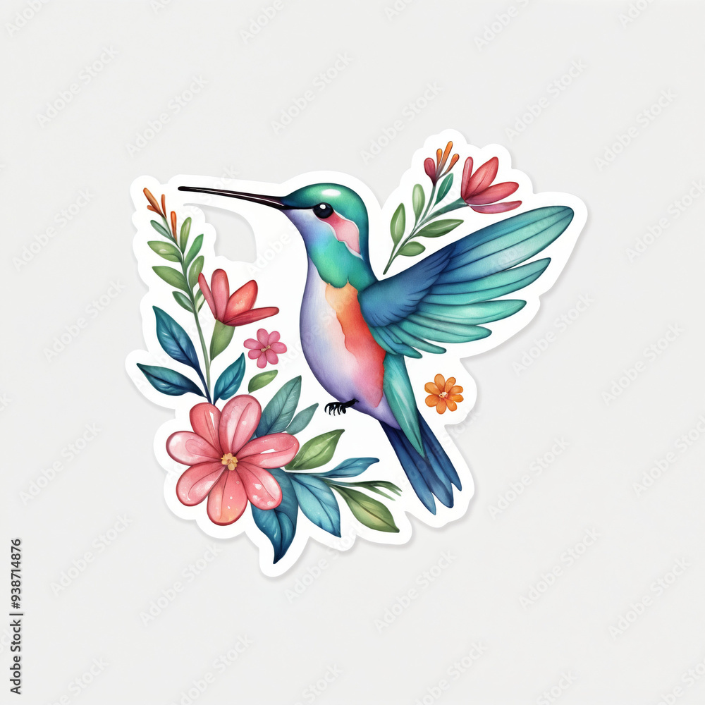 A stunning image of a brightly colored hummingbird with vivid blue and green feathers, gracefully hovering near a cluster of beautiful, vibrant flowers and leaves. Generated AI A stunning image of a brightly colored hummingbird with vivid blue and green feathers, gracefully hovering near a cluster of beautiful, vibrant flowers and leaves. Generated AI