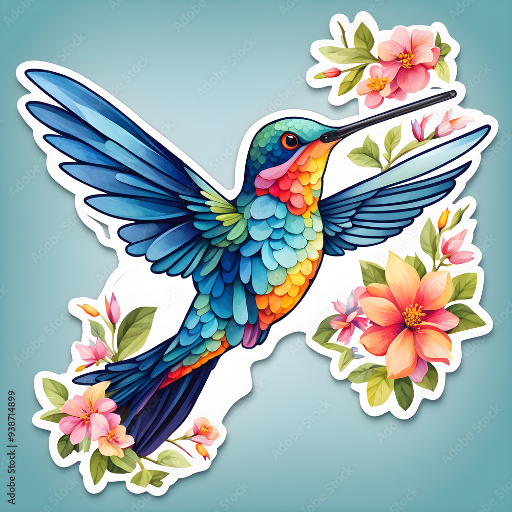 A captivating illustration of a vibrant hummingbird flying amidst blooming flowers. The bird's colorful plumage and the beautifully illustrated flowers create a lively scene. Generated AI A captivating illustration of a vibrant hummingbird flying amidst blooming flowers. The bird's colorful plumage and the beautifully illustrated flowers create a lively scene. Generated AI