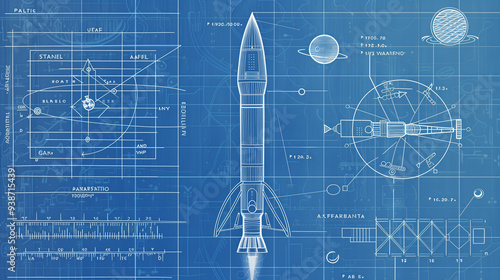 Blueprint of a rocket with technical schematics and planetary design