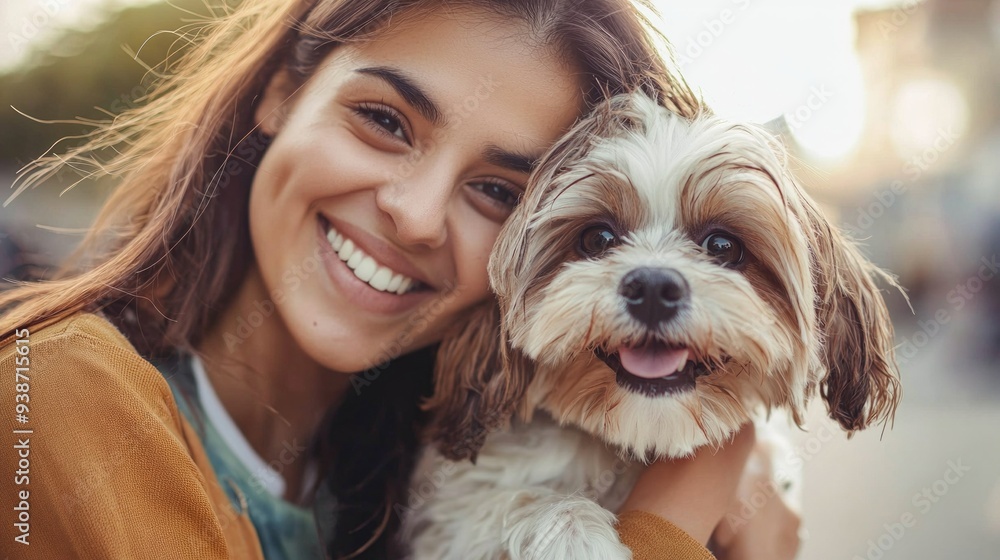 Portrait of woman standing outdoors in garden, holding pet dog.