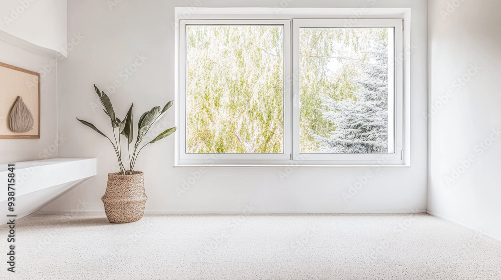 Fototapeta premium Serene and bright Scandinavian living room space with large windows, soft textures, and minimalist interior design elements for a cozy and inviting atmosphere