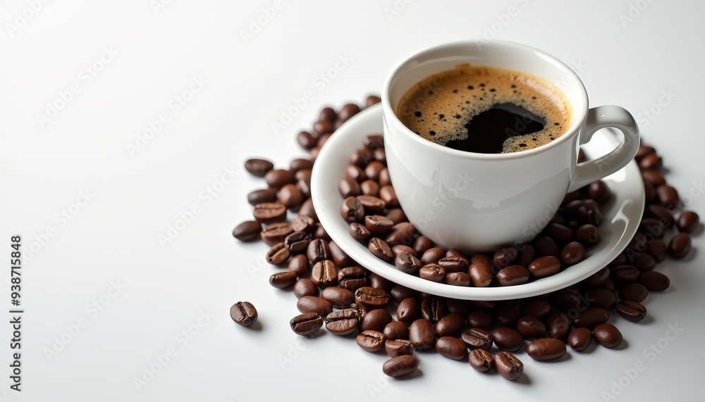A cup of black coffee surrounded by coffee beans on a white background. A cup of black coffee surrounded by coffee beans on a white background.