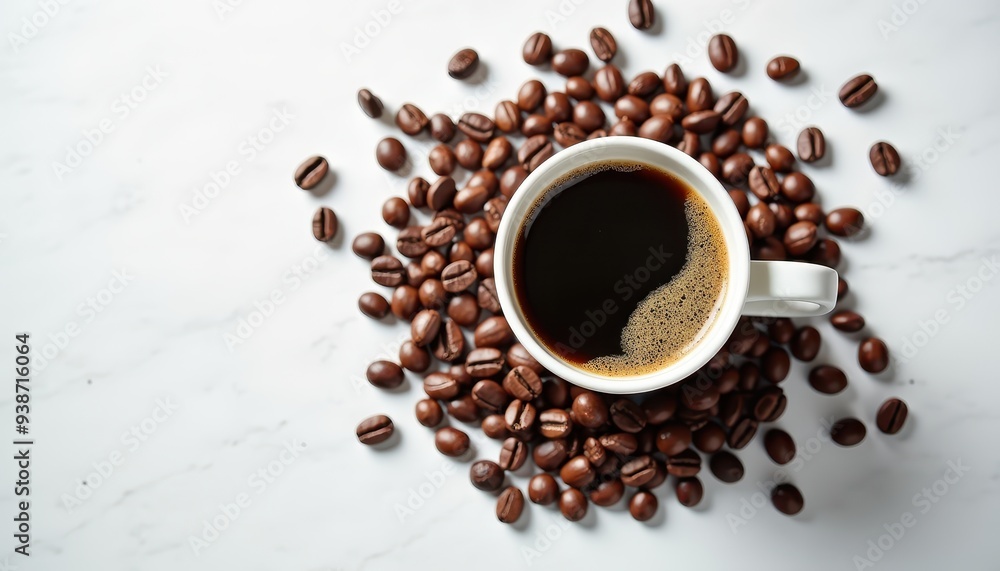 Cup of black coffee surrounded by scattered coffee beans on a white marble surface. Cup of black coffee surrounded by scattered coffee beans on a white marble surface.
