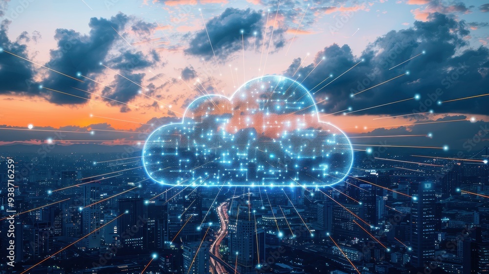 Digital cloud network hovering over a cityscape with interconnected lines and data nodes, cloud computing, urban digital transformation Digital cloud network hovering over a cityscape with interconnected lines and data nodes, cloud computing, urban digital transformation