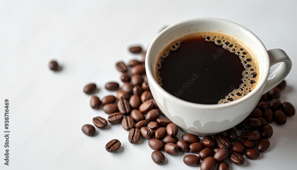 A white ceramic cup filled with black coffee, surrounded by scattered coffee beans on a clean white surface. A white ceramic cup filled with black coffee, surrounded by scattered coffee beans on a clean white surface.