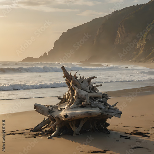 a tree on the beach with waves crashing in the background