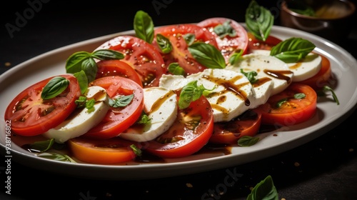 a sumptuous serving of healthy Caprese Salad with Fresh Mozzarella and Basil