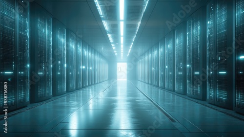 Futuristic Data Center with Glowing Server Racks and Illuminated Corridor