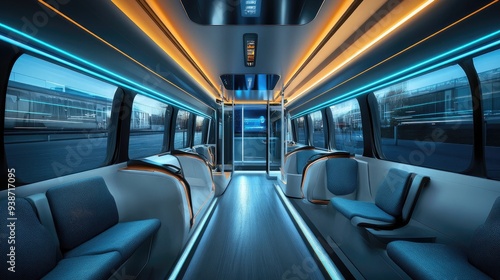 Modern Futuristic Train Interior with Vibrant Lighting and Sleek Design photo