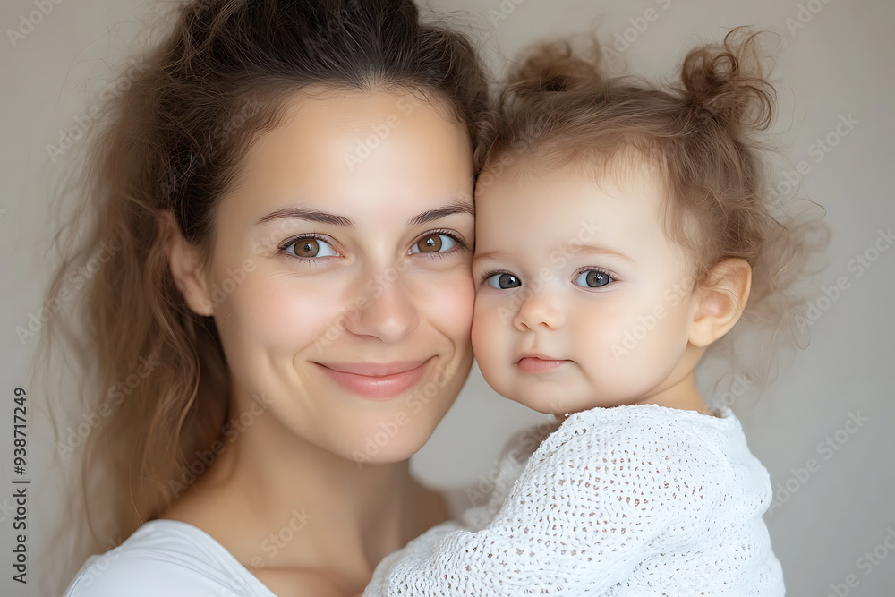 Mother lovingly holds her baby daughter close, both sharing a tender moment. Mother lovingly holds her baby daughter close, both sharing a tender moment.