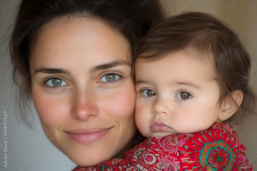 Mother lovingly holds her baby daughter close, both sharing a tender moment. Mother lovingly holds her baby daughter close, both sharing a tender moment.