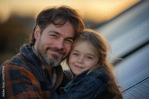 Father and daughter embrace outdoors at sunset, capturing a heartwarming moment of family love and connection.