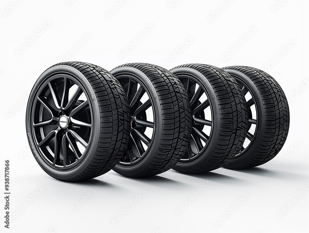 Side view of four car tyres in a row Side view of four car tyres in a row