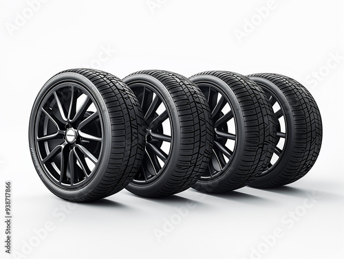 Side view of four car tyres in a row