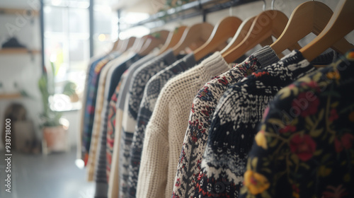 Display of sweaters and vibrant t-shirts on wooden hanger