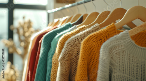 Display of sweaters and vibrant t-shirts on wooden hanger