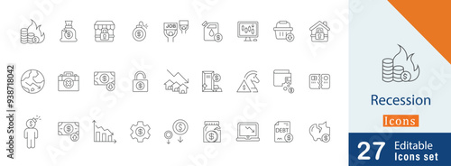 Recession editable stroke icon sign set. containing gold price, debt, gasoline price, money bag, foreclosure, credit card, piggy bank, financial crisis and more line art
