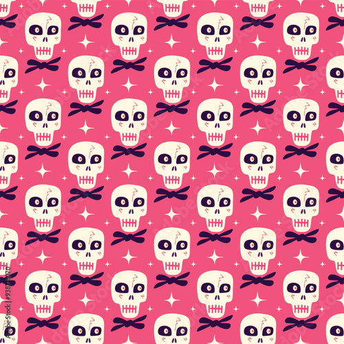 Pink Halloween cartoon seamless pattern with funny skulls