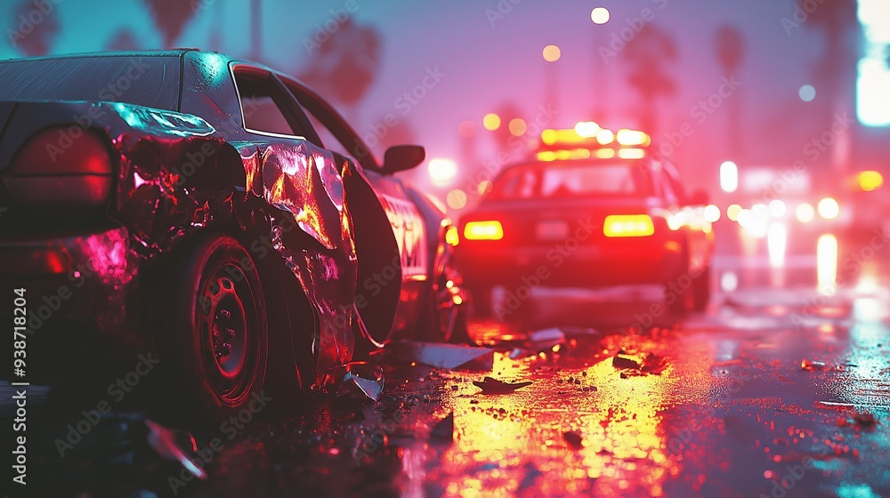 Nighttime urban car crash scene with police car and neon lights on wet street, highlighting accident aftermath and emergency response. Nighttime urban car crash scene with police car and neon lights on wet street, highlighting accident aftermath and emergency response.