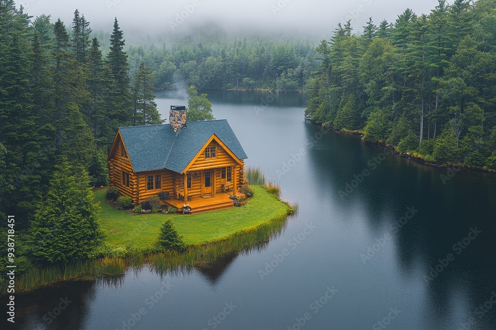 Fototapeta premium Luxurious log cabin overlooking serene lake in autumn