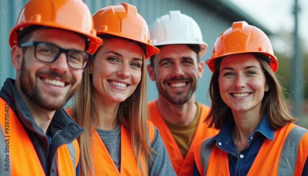Group of diverse engineers wearing safety gear smiling at the construction site. Group of diverse engineers wearing safety gear smiling at the construction site.