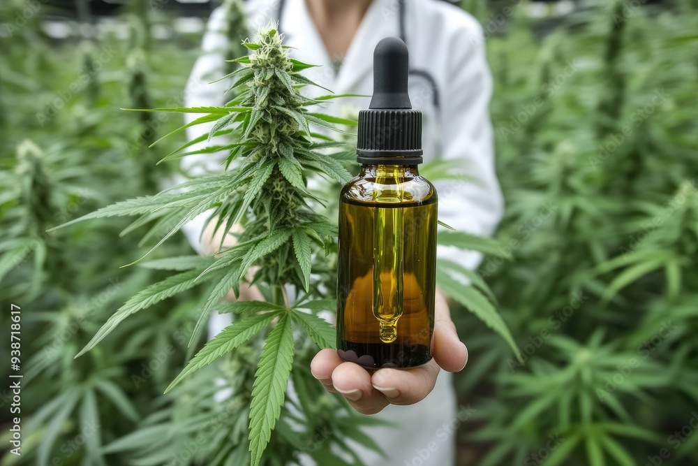 Doctor holding cbd oil bottle with cannabis plant in background Doctor holding cbd oil bottle with cannabis plant in background
