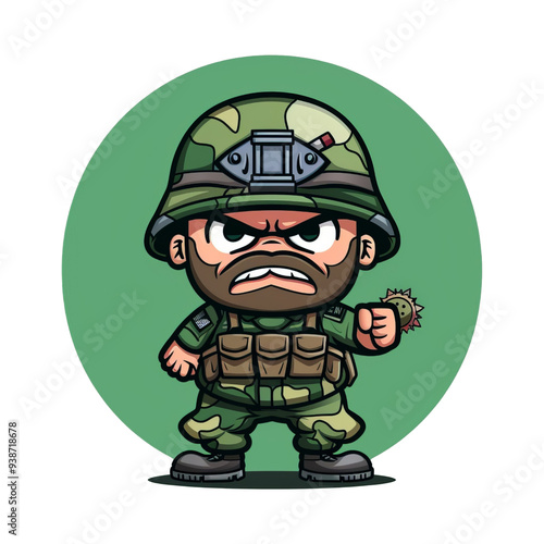 Cartoon Illustration of a Soldier Holding a Grenade.