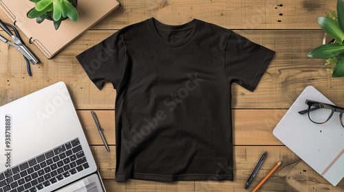 black t shirt mockup on a wooden table can be used for multipurpose