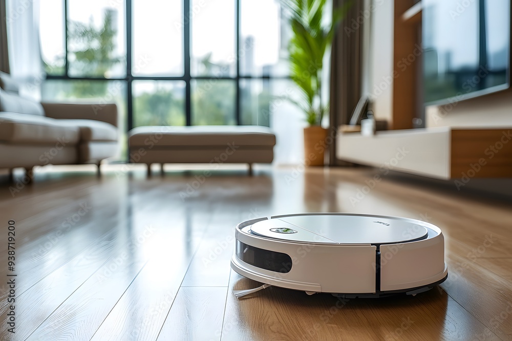 Robot Vacuum Cleaner on Hardwood Floor in a Modern Living Room. Robot Vacuum Cleaner on Hardwood Floor in a Modern Living Room.