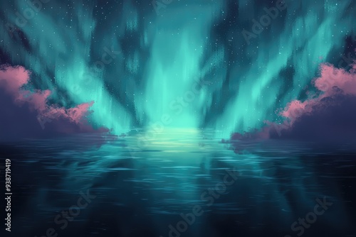 Animated depiction of vibrant aurora shimmering over a serene ocean