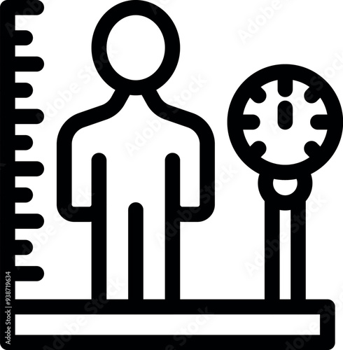 Line icon of a doctor measuring patient height and weight with medical equipment