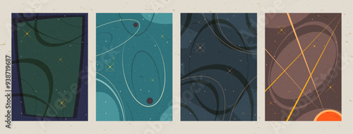 Vector Templates for Retro Style Cosmic Posters, Covers, Illustrations, 1950s - 1960s Space Illustrations Style Backgrounds, Space Age. Vintage Colors and Shapes