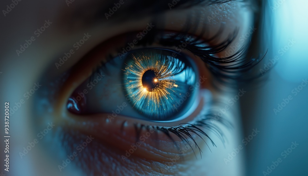 Close-up of a person's blue eye with intricate details of the iris, highlighted by a captivating reflection of light, conveying a sense of wonder. Close-up of a person's blue eye with intricate details of the iris, highlighted by a captivating reflection of light, conveying a sense of wonder.