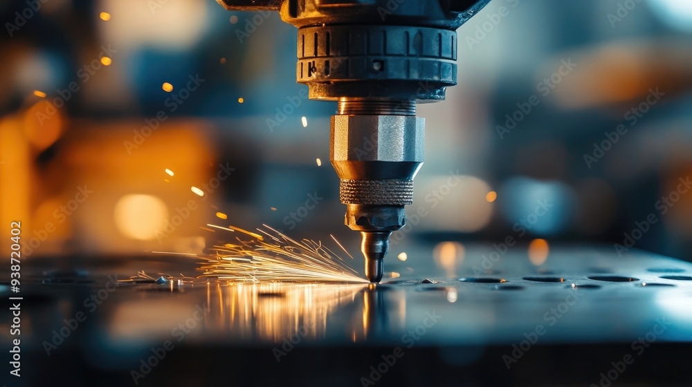 Close-Up of Industrial Drill Bit in Operation on Steel Plate Close-Up of Industrial Drill Bit in Operation on Steel Plate