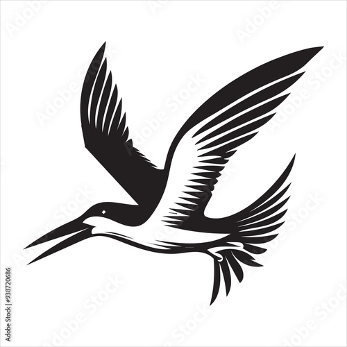 Black skimmer Silhouette, Rynchops Niger Bird Clipart, Black Skimmer flying Illustration in black and white