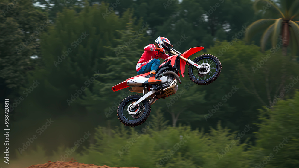 Motorbike Stunts jump in the air and flip, red and white Motorbike Stunts jump in the air and flip, red and white