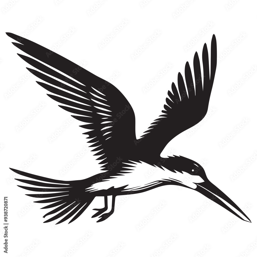 Obraz premium Black Skimmer Silhouette, Rynchops Niger Bird Clipart, Black Skimmer scooping water while flying Illustration in black and white