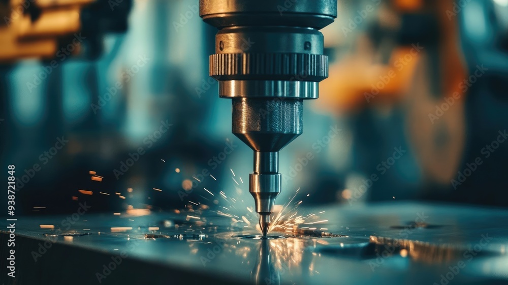 Close-Up of Industrial Drill Bit in Operation on Steel Plate Close-Up of Industrial Drill Bit in Operation on Steel Plate