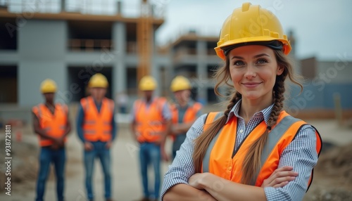 Confident young woman in a construction helmet and safety vest stands with arms crossed, with a group of construction workers in the background.