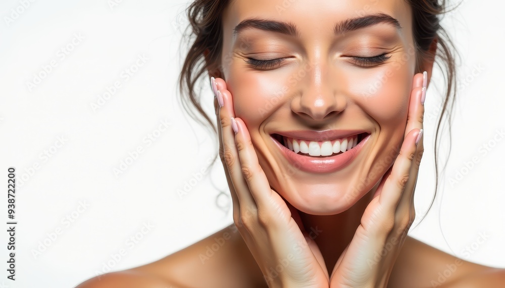 Young woman with light brown hair, smiling with her eyes closed, resting her hands gently on her cheeks, radiating happiness and contentment.
