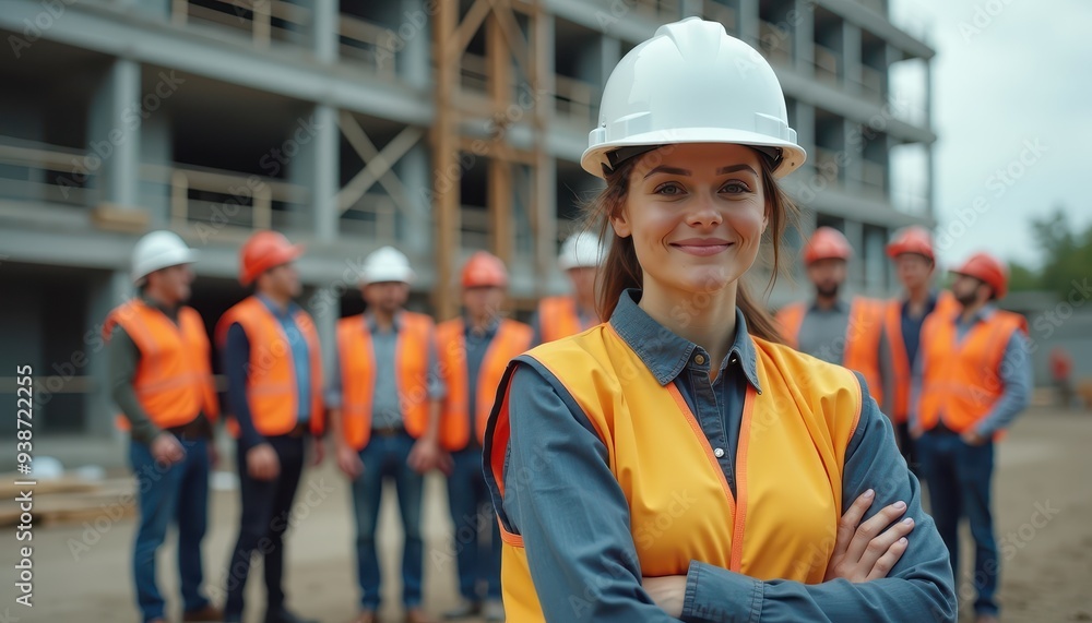 Confident young woman in a hard hat and safety vest stands in front of a construction site with a team of workers in the background. Confident young woman in a hard hat and safety vest stands in front of a construction site with a team of workers in the background.
