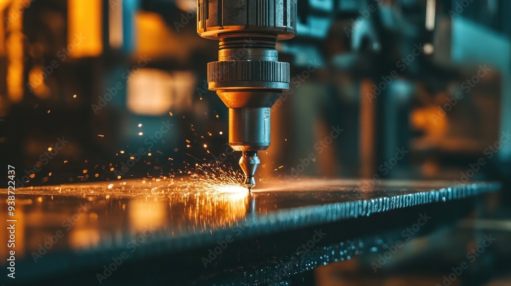 Close-Up of Industrial Drill Bit in Operation on Steel Plate Close-Up of Industrial Drill Bit in Operation on Steel Plate