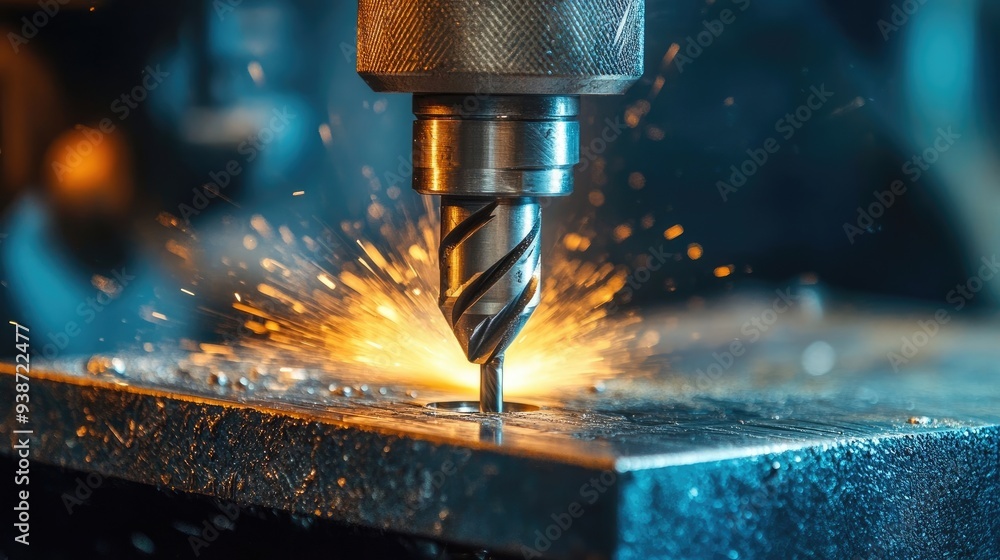 Close-Up of Industrial Drill Bit in Operation on Steel Plate Close-Up of Industrial Drill Bit in Operation on Steel Plate