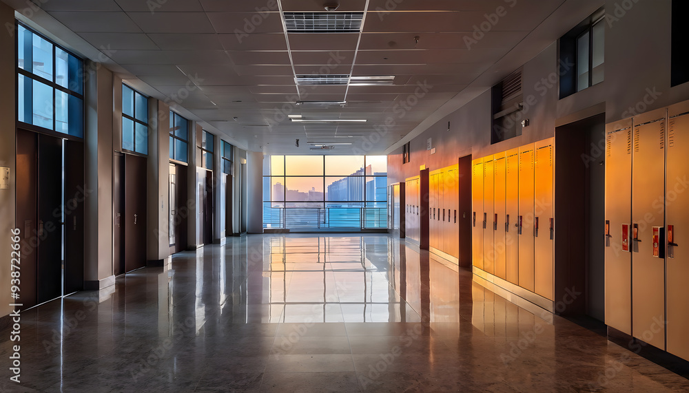 An Empty School Hallway Lined with Student Lockers, Quiet and Serene, Awaiting the Return of Students in a Brightly Lit School Building An Empty School Hallway Lined with Student Lockers, Quiet and Serene, Awaiting the Return of Students in a Brightly Lit School Building